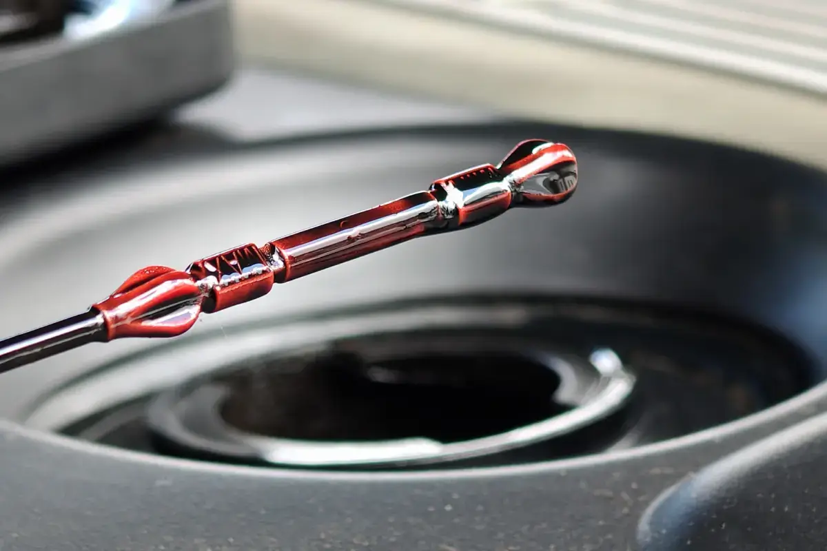 Ölverdünnung: Diesel im Motoröl. Im Bild zu sehen ist der Ölpeilstab eines BMW Dieselmotors. Die Farbe des Motoröls ist sehr dunkel.