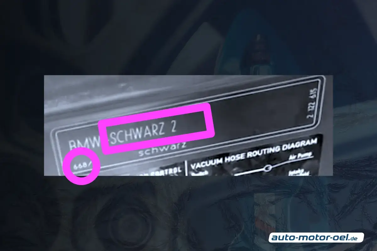 BMW Farbcode im Motorraum bei älteren Modellen: Nahaufnahme eines schwarzen Aufklebers im Motorraum eines Fahrzeugs. Der Text "SCHWARZ 2" ist mit einem pinkfarbenen Rechteck hervorgehoben. Unten links ist die Ziffernfolge "668/" mit einem pinkfarbenen Kreis markiert. Darunter befindet sich ein technisches Diagramm zur Schlauchverlegung ("VACUUM HOSE ROUTING DIAGRAM"). Die Aufnahme ist leicht körnig und in kühlen, bläulichen Tönen gehalten.