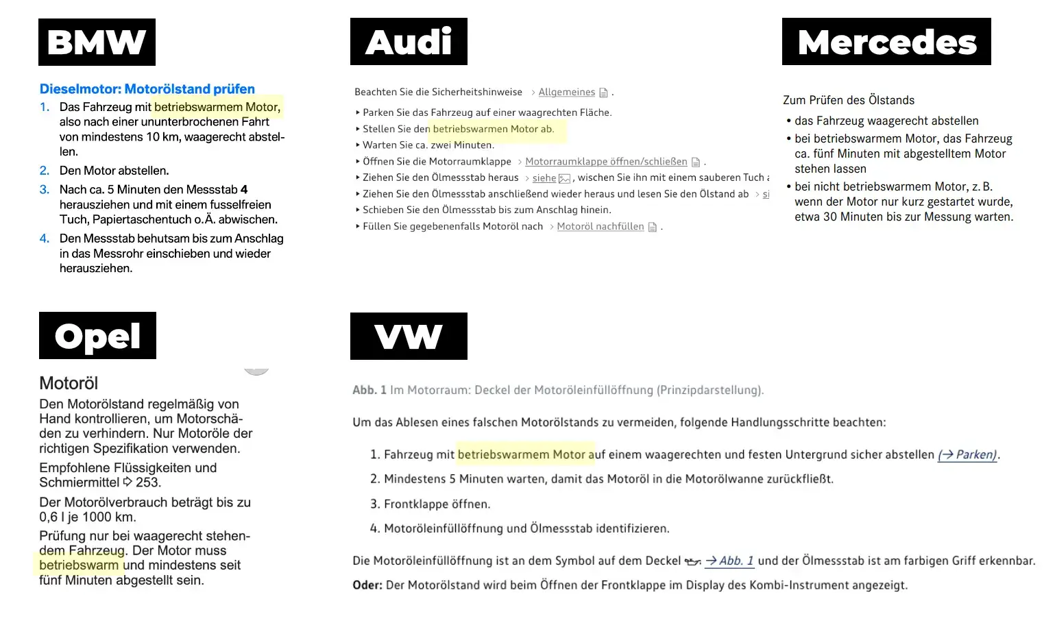 Herstelleranleitung: Motoröl in betriebswarmen Zustand messen.